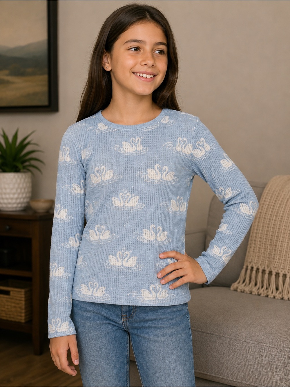 Girls' Light Blue Swan Print Long-Sleeve Top